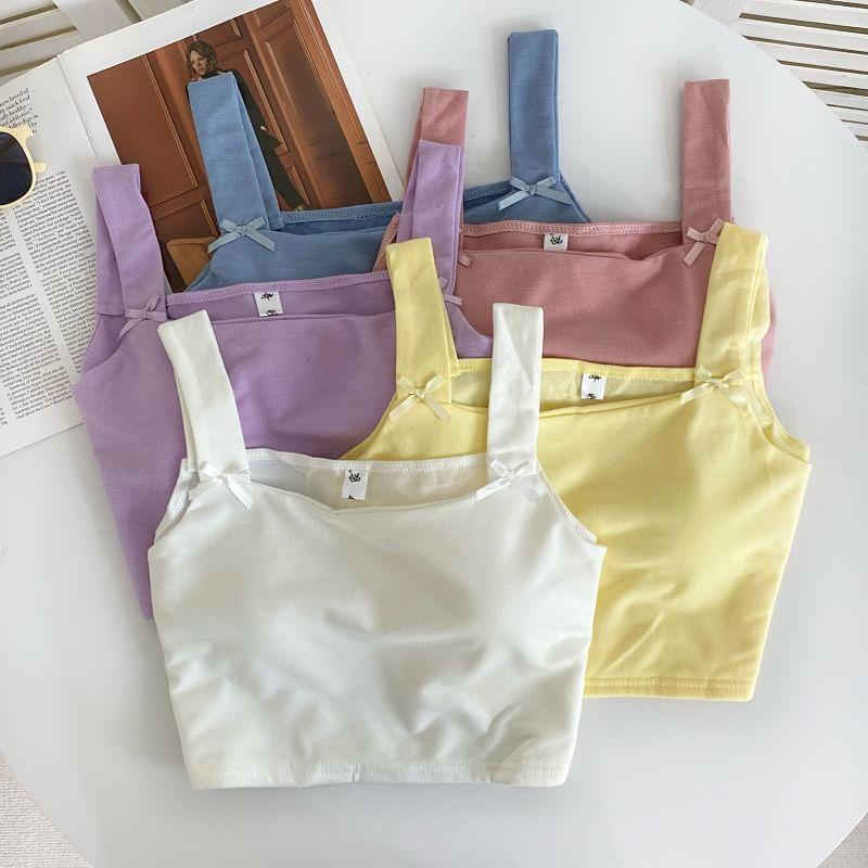 Set: Square Neck Plain Bow Crop Camisole Top + Drawstring Waist Sweat Shorts Product Image