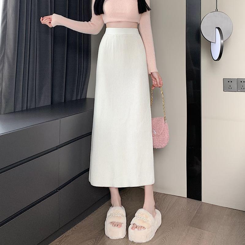 High Rise Ribbed Midi A-Line Skirt Product Image