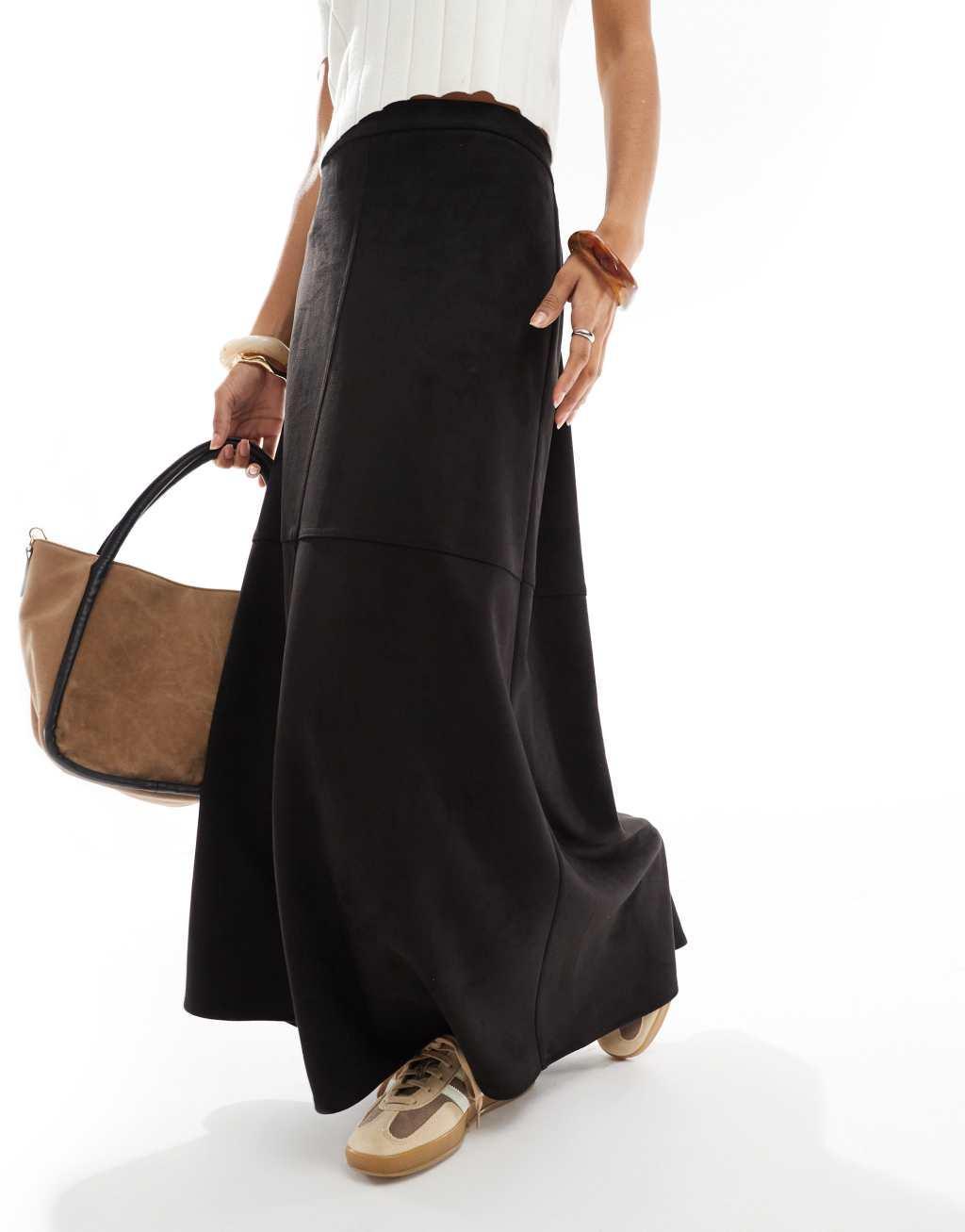 ASOS DESIGN suedette circle maxi skirt in black Product Image