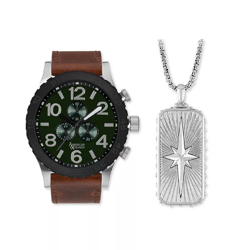 American Exchange Mens brown Strap Watch & North Star Pendant Necklace Set Product Image