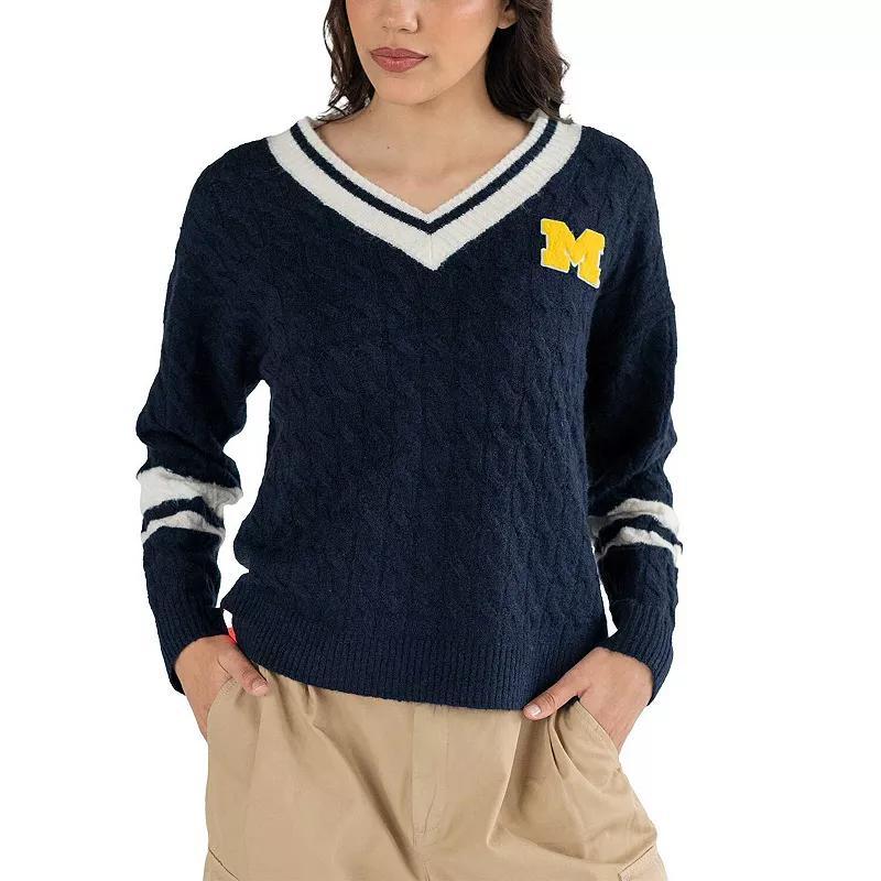 Womens Lusso Michigan Wolverines Stella Cable Knit V-Neck Pullover Sweater Blue Product Image