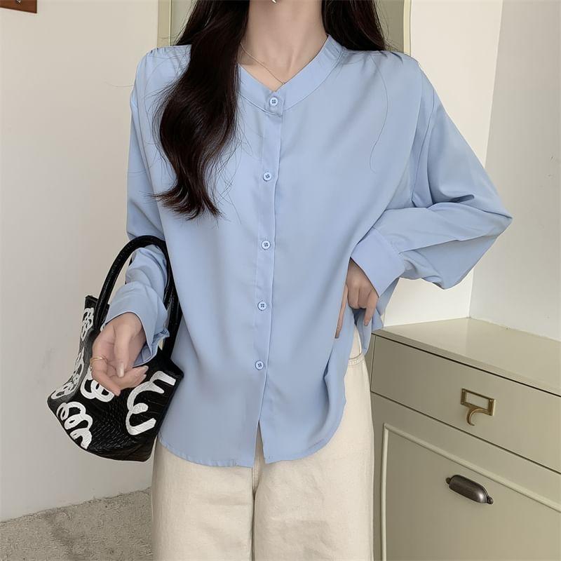 Long Sleeve Band Collar Plain Shirt Product Image