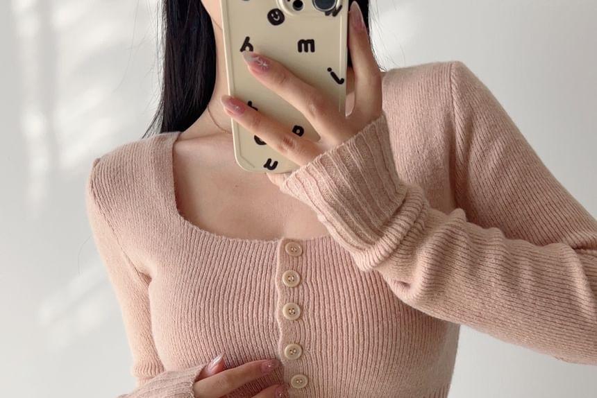 Long Sleeve Square-Neck Plain Ribbed-Knit Slim-Fit Crop Cardigan Product Image