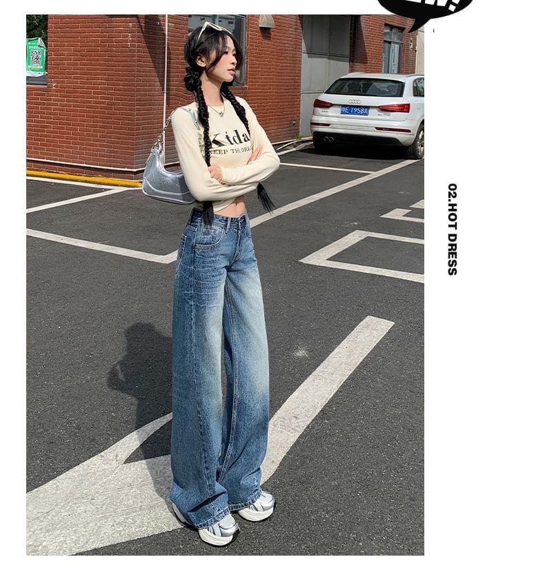 Low Waist Washed Straight-Fit Wide-Leg Jeans Product Image