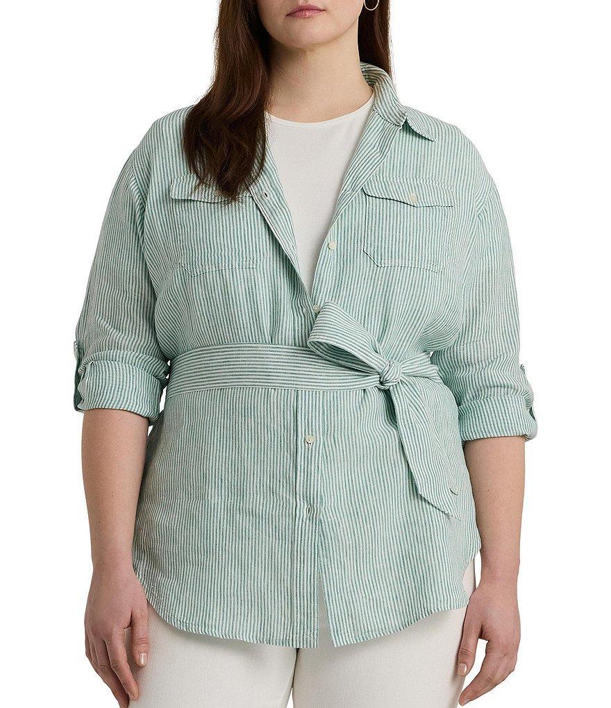 Lauren Ralph Lauren Plus Size Striped Belted Point Collar Long Sleeve Button Down Shirt Product Image