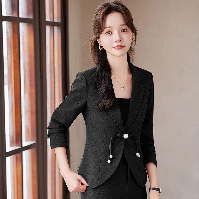 Lapel Collar Plain Single Button Blazer / Mid Rise Plain Flared Slacks / Set Product Image