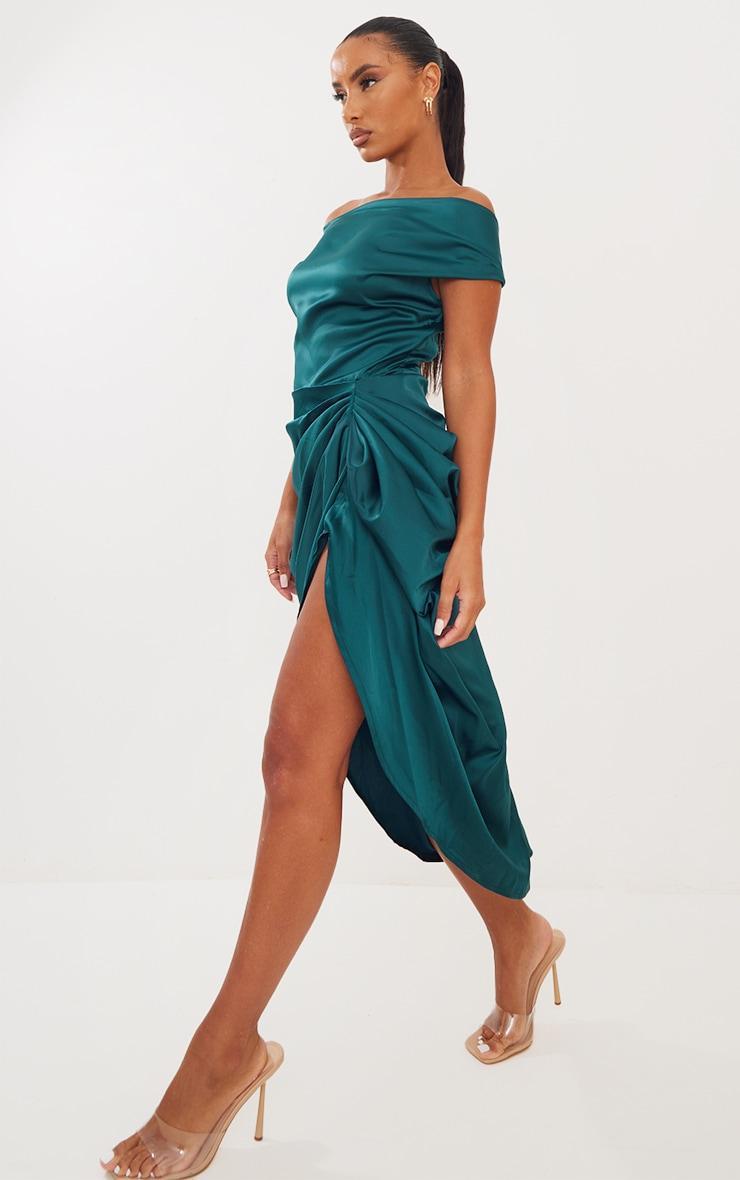 Emerald Green Satin Off The Shoulder Draped Skirt Midi Dress Product Image