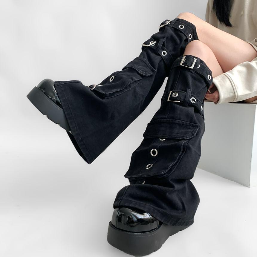 Grommet Buckled Denim Leg Warmers Product Image