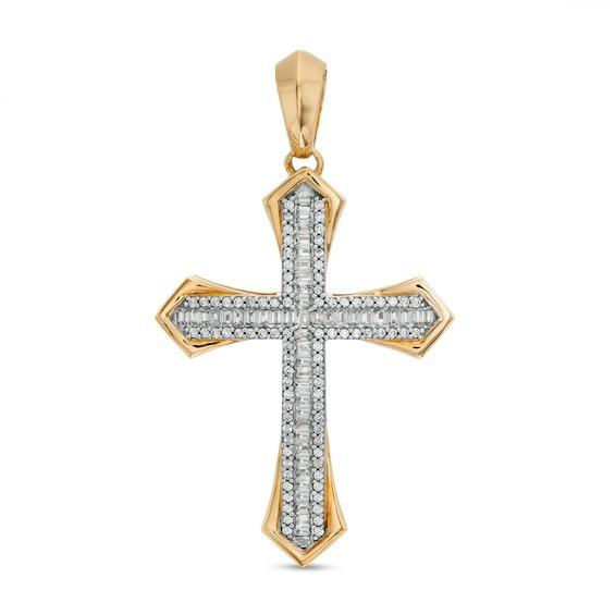 Men's 1 CT. T.w. Baguette and Round Diamond Triple Row Gothic-Style Cross Necklace Charm in 10K Gold Product Image