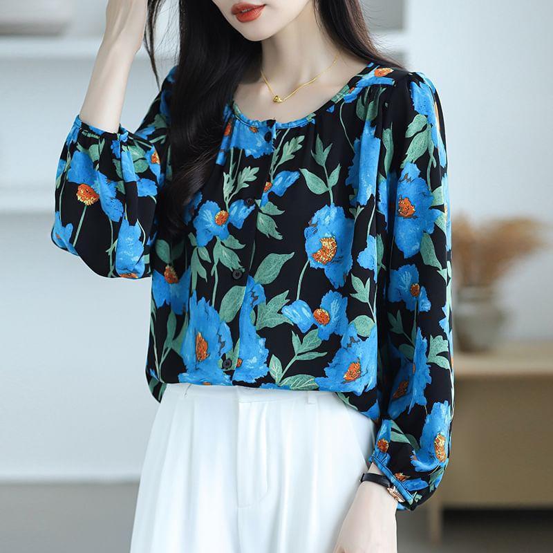 Puff-Sleeve Round Neck Floral Blouse Product Image