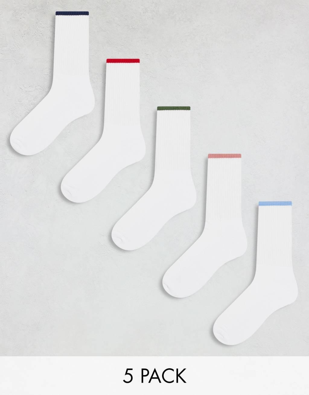 ASOS DESIGN 5 pack socks in white with colored piping Product Image