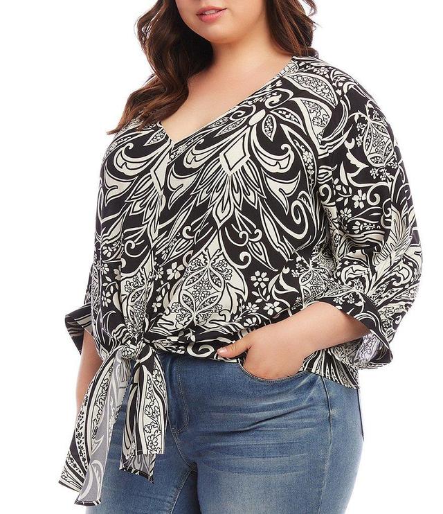 Karen Kane Plus Size Printed V-Neck Blouson Sleeve Tie-Front Top Product Image