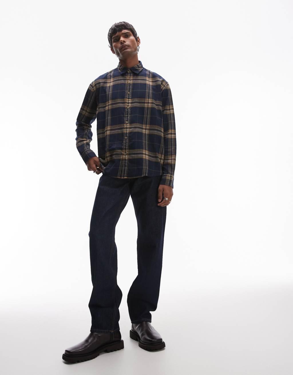 Selected Homme oversized shirt in navy yellow check Product Image