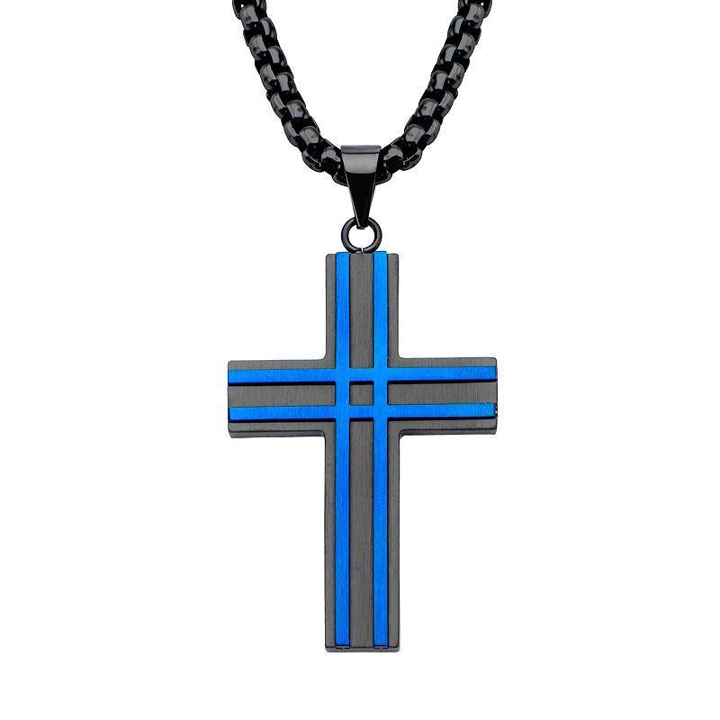 Mens Black & Blue Stainless Steel Cross Pendant Necklace Multicolor Product Image