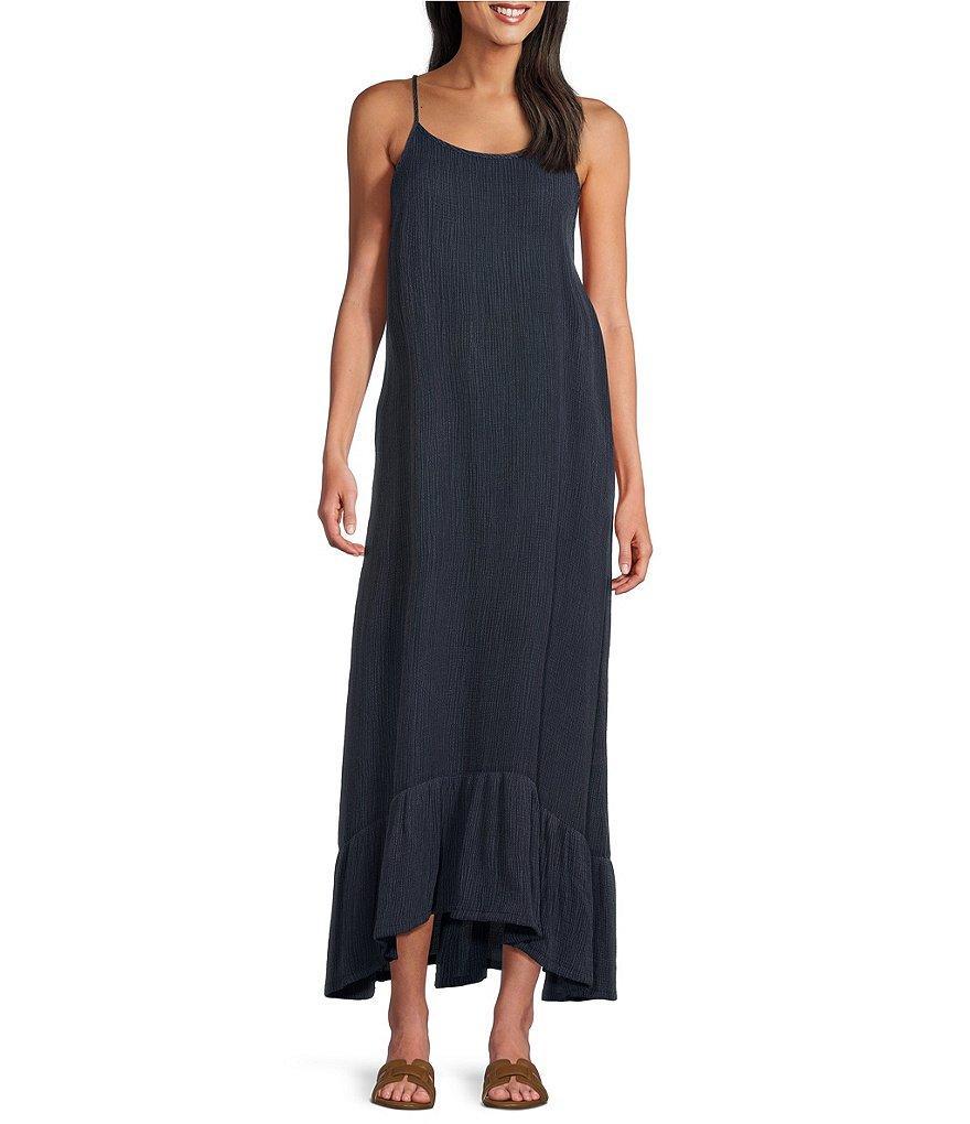 Bryn Walker Stonewash Crinkle Woven Scoop Neck Sleeveless Coordinating Hi-Low Ruffle Hem Dress Product Image