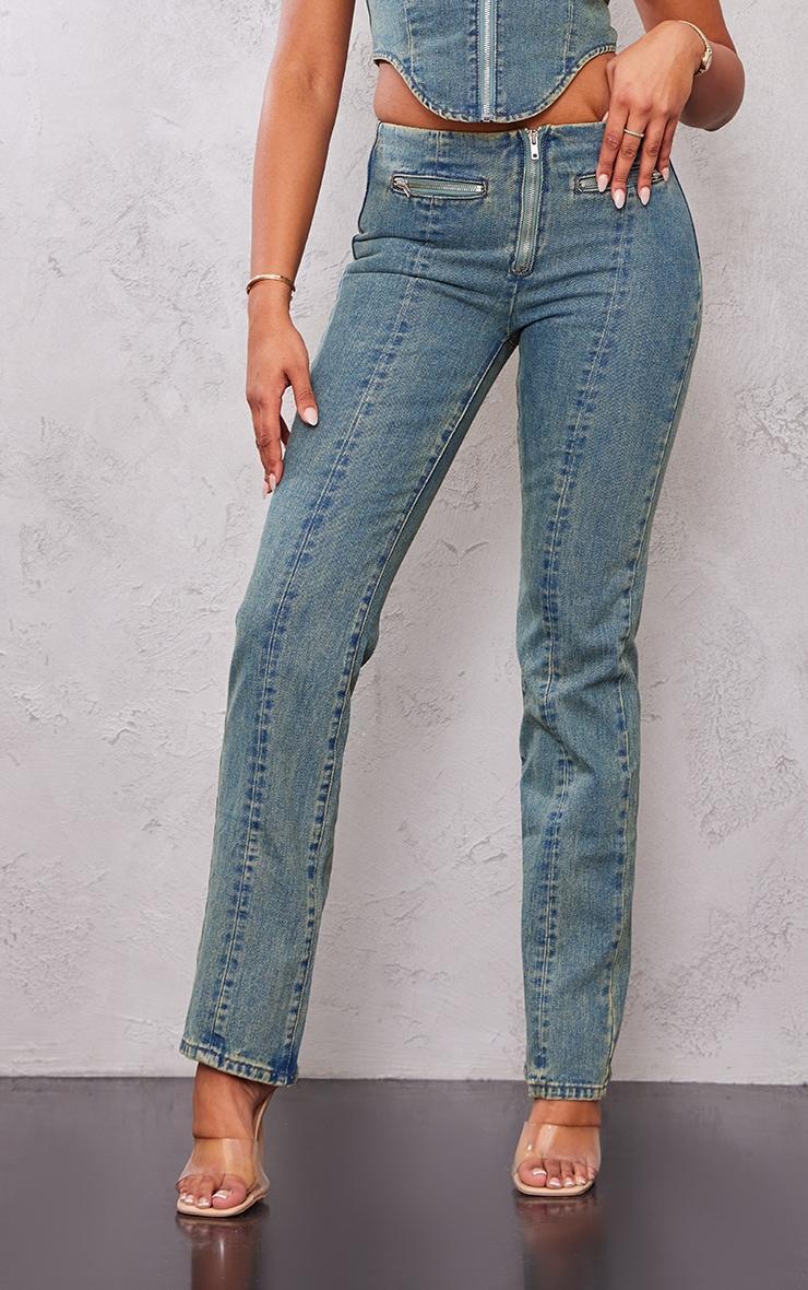 Tall Indigo Vintage Wash Zip Detail Mid Rise Straight Leg Jeans Product Image