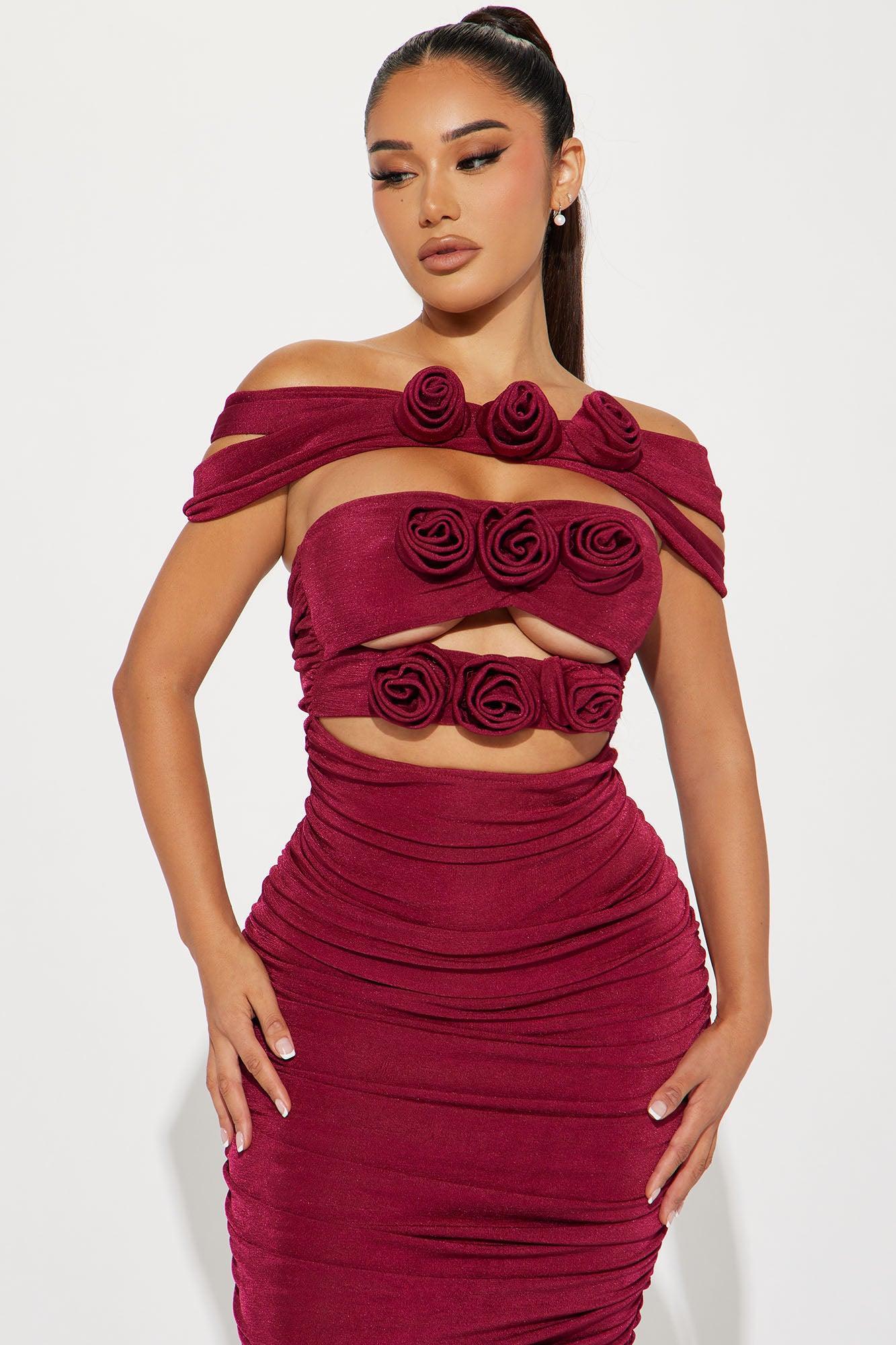 Sophia Rosette Maxi Dress - Burgundy Product Image