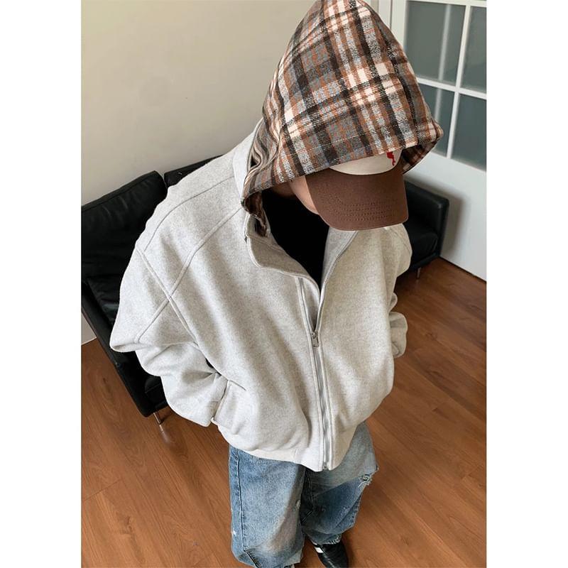 Mock Two-Piece Plaid Panel Hooded Zip-Up Jacket Product Image