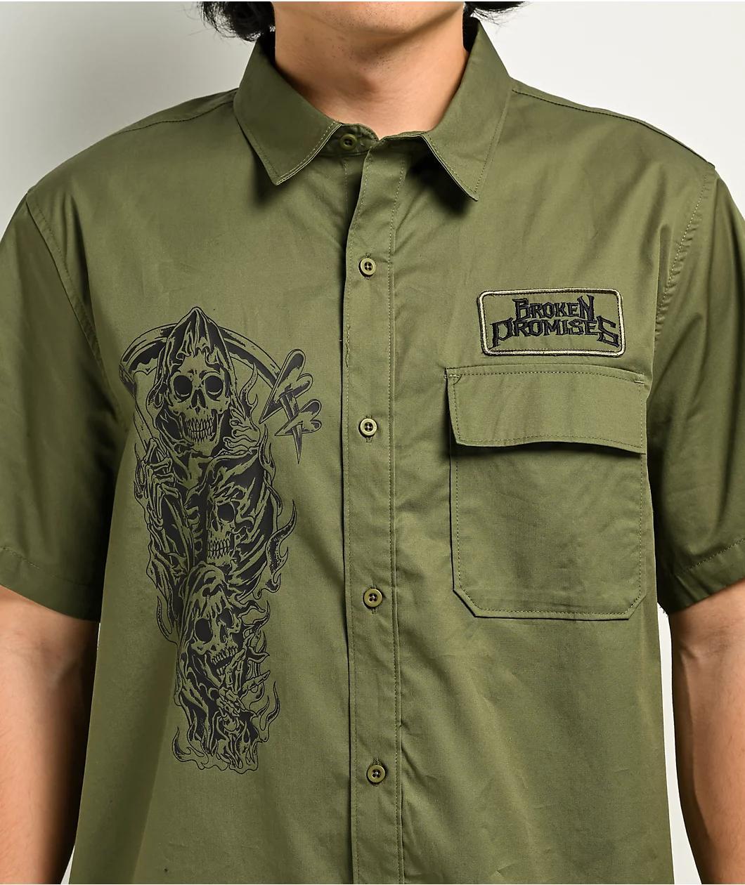 Broken Promises Grim Love Green Short Sleeve Button Up Shirt Product Image