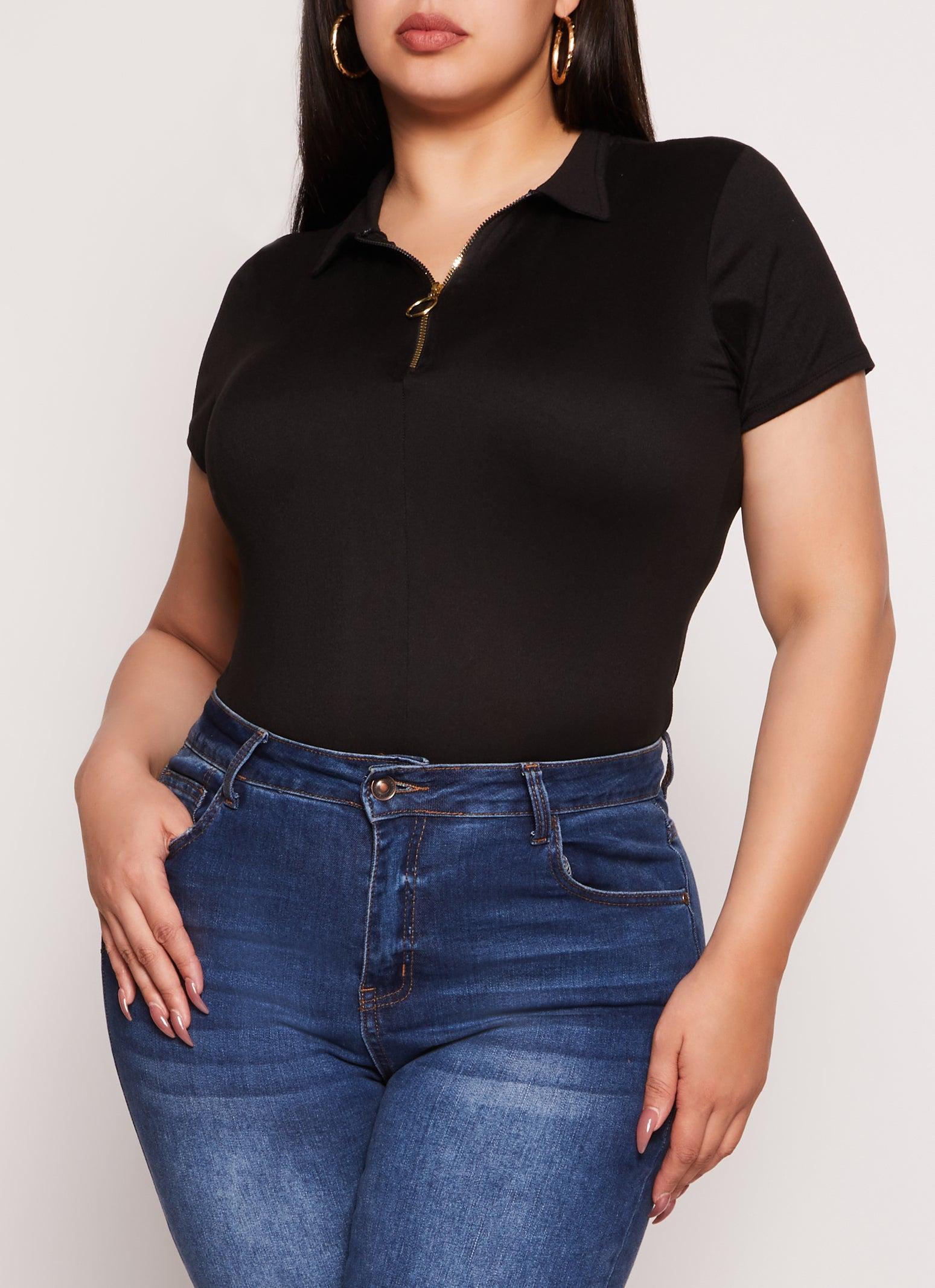 Womens Plus Size Half Zip Collared Short Sleeve Top Product Image