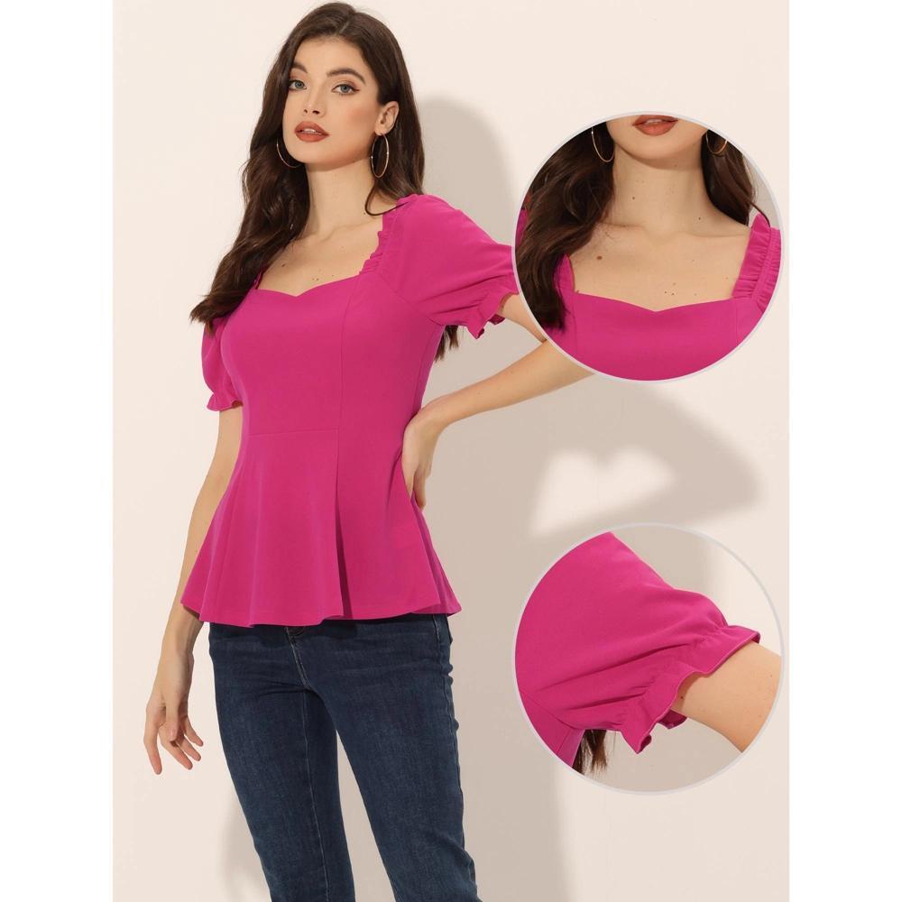 Allegra K Women's Sweetheart Neck Blouse Puff Ruffle Sleeve Elegant Peplum Top Hot Pink Medium Product Image