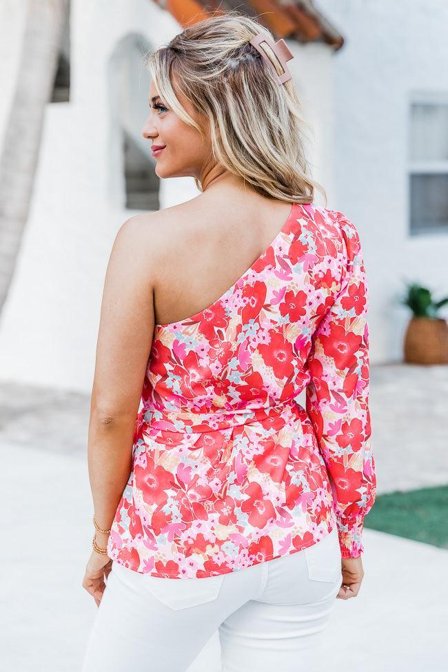 Destination Unknown One Shoulder Blouse in Watercolor Red Floral Print FINAL SALE Product Image