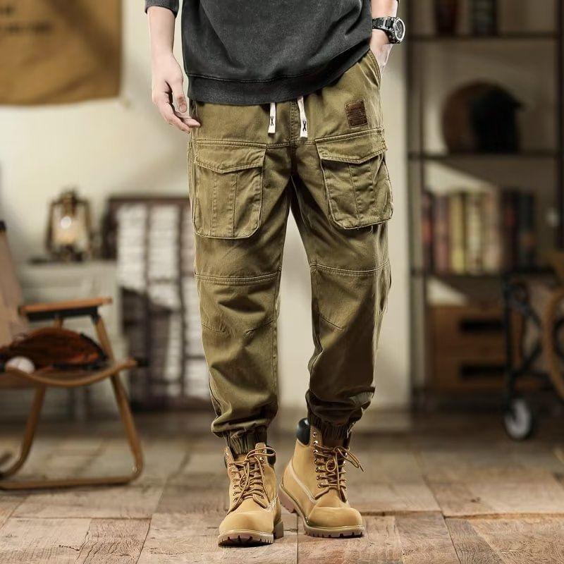 Drawstring Waist Plain Cropped Harem Cargo Pants Product Image