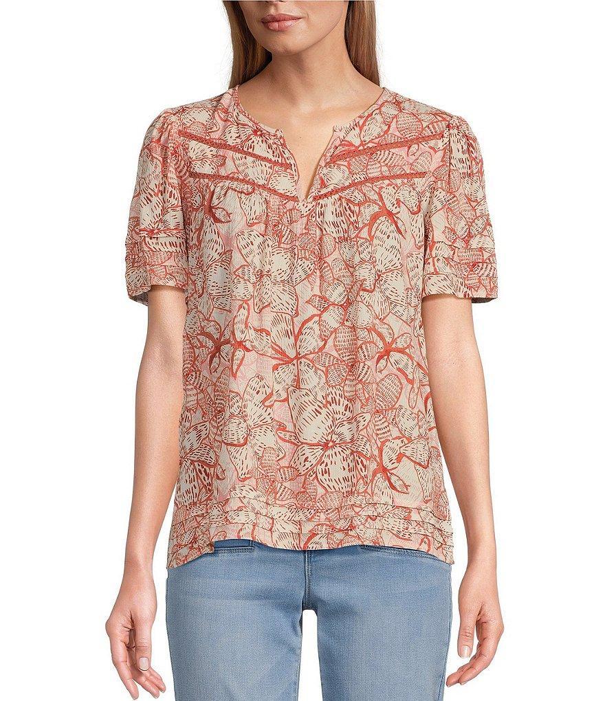 Nurture by Westbound Woven Floral Print Short Sleeve Notch Neck Top Product Image