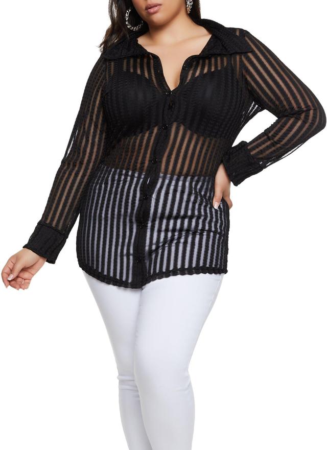 Womens Plus Size Striped Mesh Detail Button Front Shirt Product Image