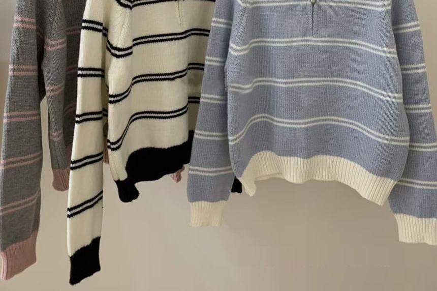 Collared Striped Contrast Trim Half-Zip Sweater Product Image