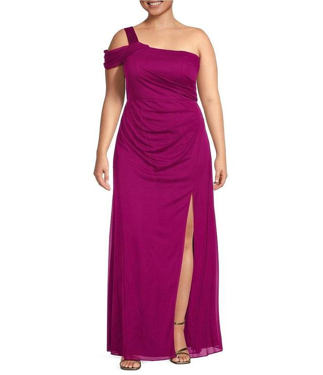 Alex Evenings Plus Size Sleeveless One Cold Shoulder Sleeveless Front Slit Mesh Ruched Back Detail A-Line Gown Product Image