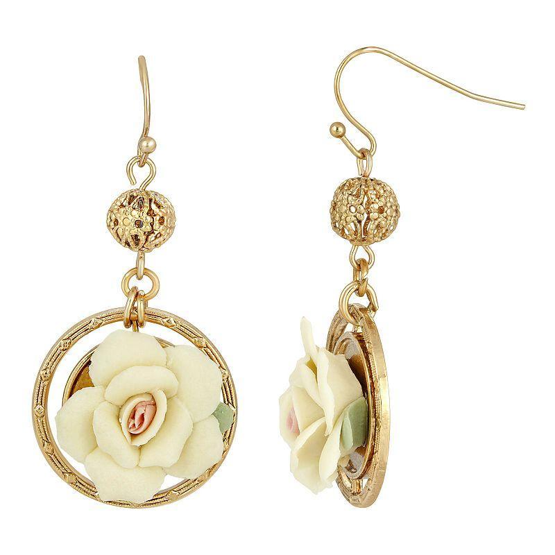 1928 Gold Tone Ivory Porcelain Rose Drop Earrings, Womens, White Product Image