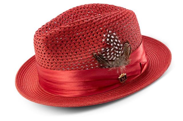 Crimson Solid Color Pinch Braided Fedora With Matching Satin Ribbon Product Image