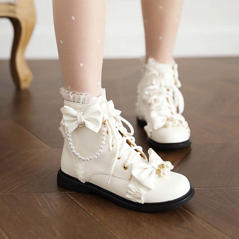 Bow Ruffle Lace Up Short Boots Product Image