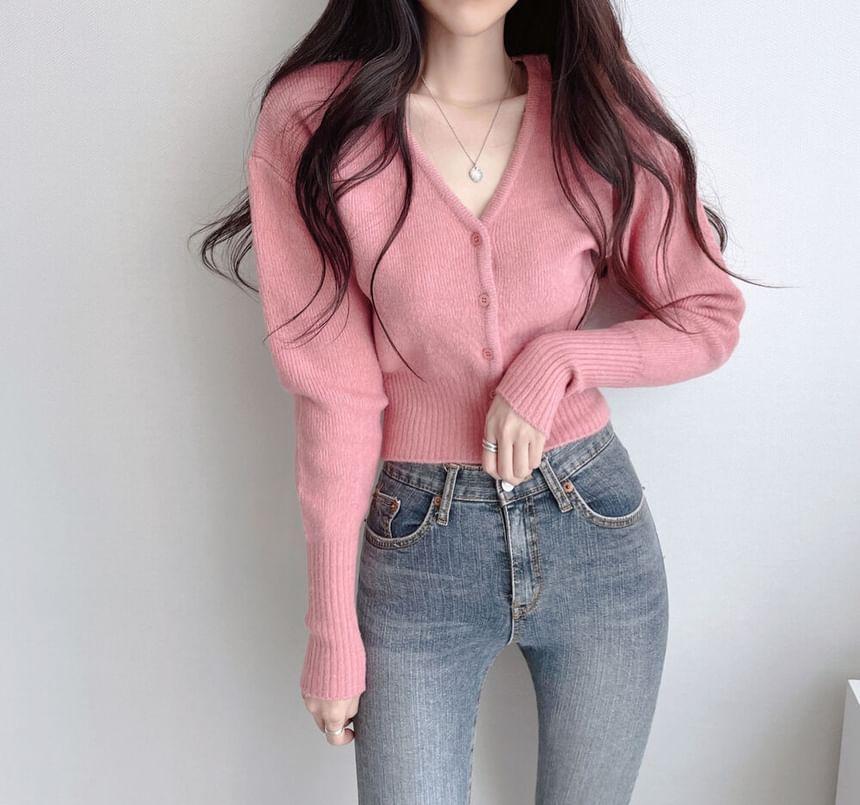 V-Neck Button-Up Plain Crop Cardigan Product Image