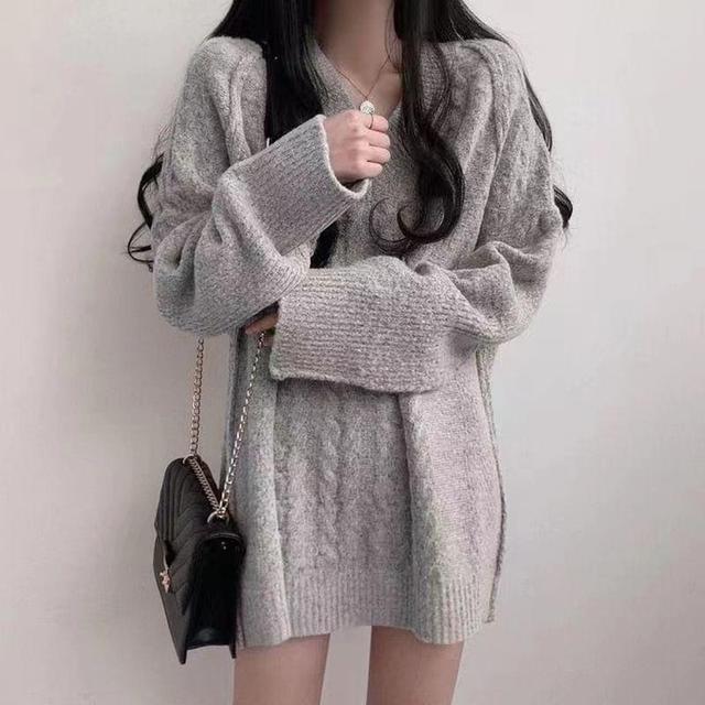 V-Neck Plain Cable Knit Oversized Sweater Product Image