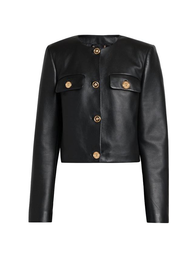 Womens Faux Leather Collarless Jacket Product Image