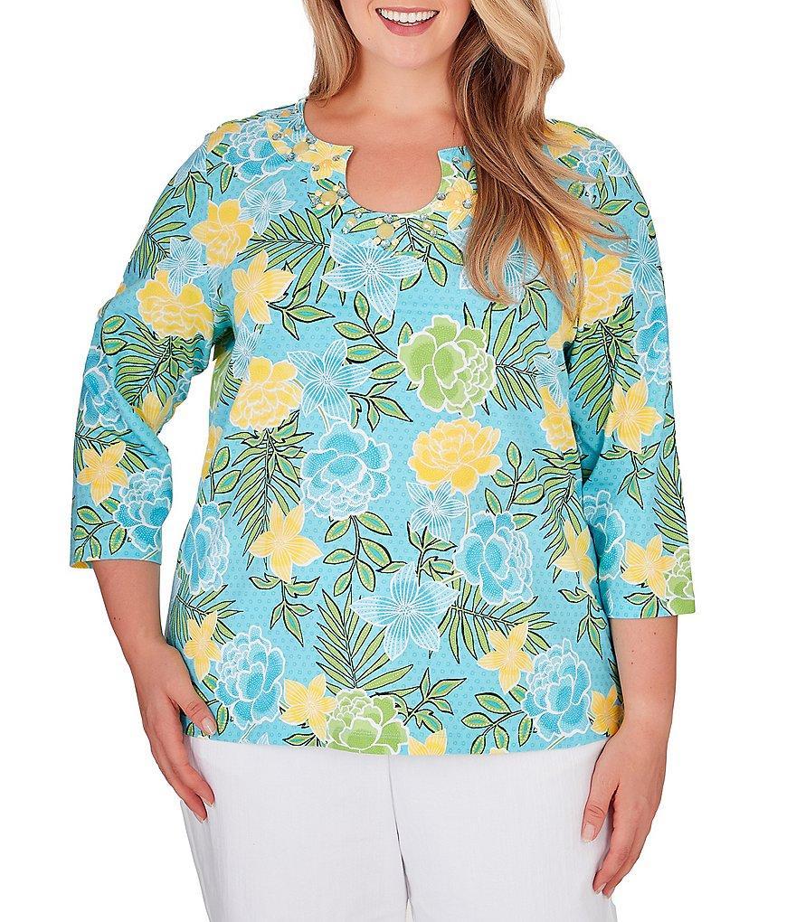 Ruby Rd. Plus Size Floral Print Knit Embellished 3/4 Sleeve Horseshoe Neck Top Product Image