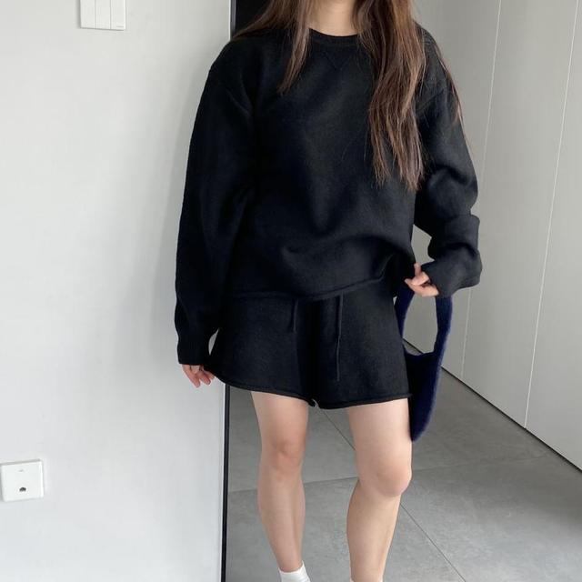 Set: Round Neck Plain Oversized Sweater + High Waist Shorts Product Image