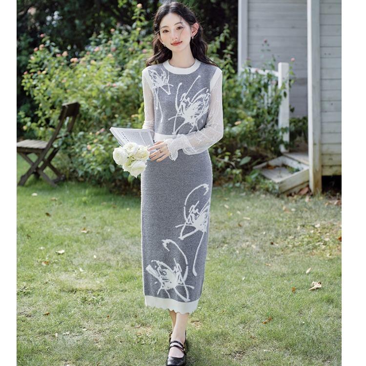 Set: Crew Neck Butterfly Print Contrast Trim Crop Sweater Vest + High Rise Midi Pencil Skirt Product Image