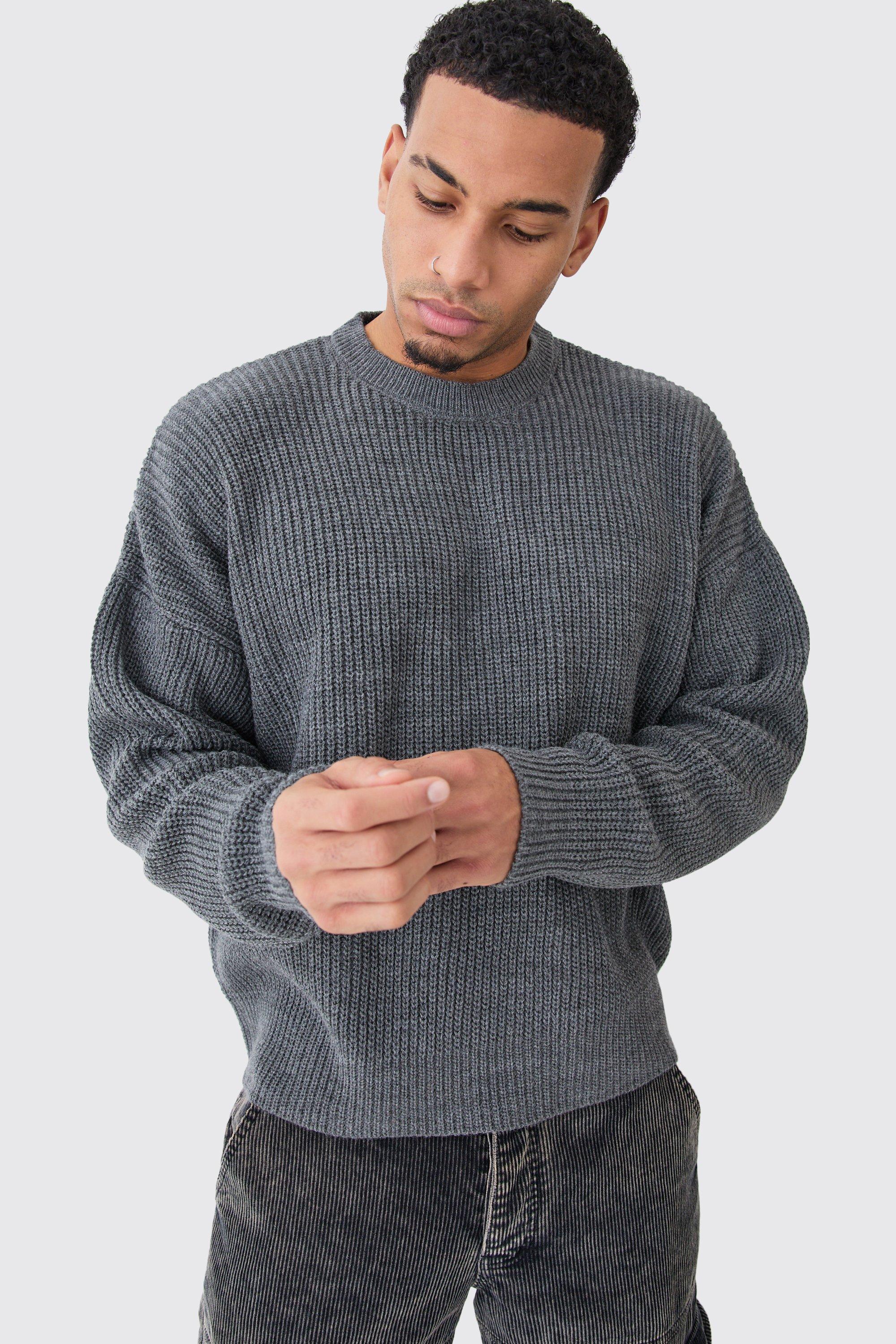 Boxy Crew Neck Ribbed Knitted Sweater | boohooMAN USA Product Image