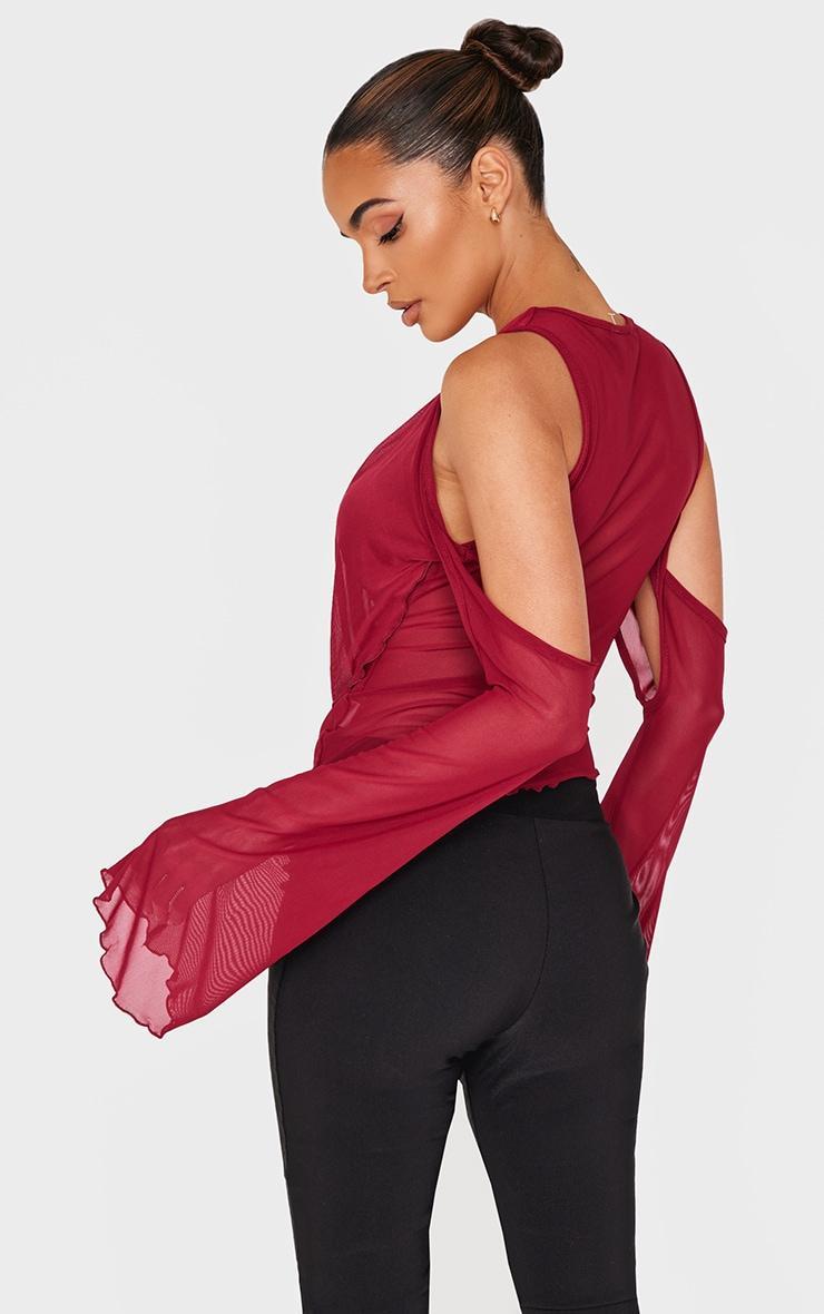 Burgundy Mesh Cowl Neck Sleeve Detail Top Product Image