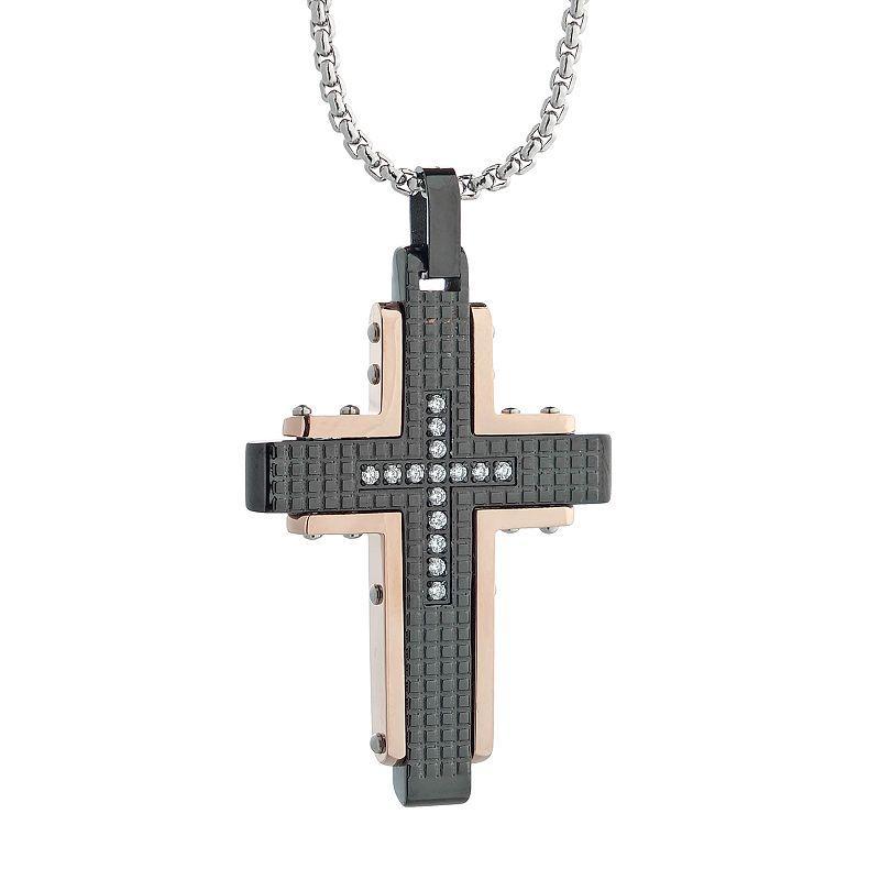 LYNXMens Cubic Zirconia Tri-Tone Stainless Steel Cross Pendant Grey Product Image