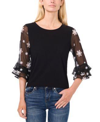 Women's 3/4-Sleeve Mixed-Media Crewneck Knit Top Product Image