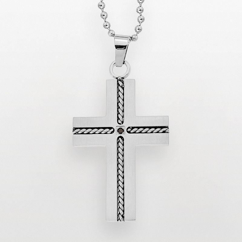 Stainless Steel Black Diamond Accent Cross Pendant - Men, Mens Grey Product Image