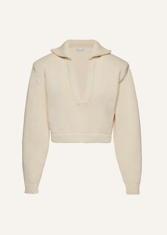 Thick knit cotton polo sweater in cream Product Image