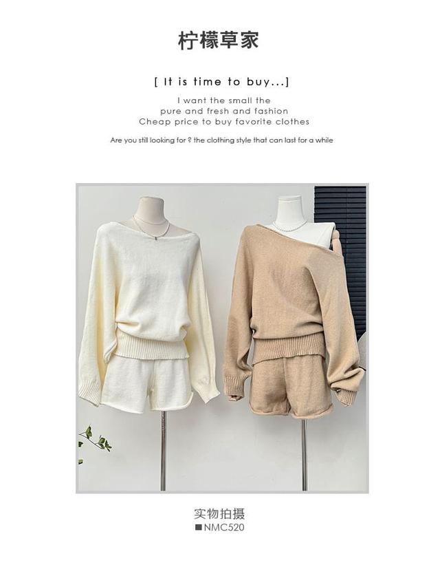 Set: One-Shoulder Loose Knit Top + High-Waist Shorts Product Image