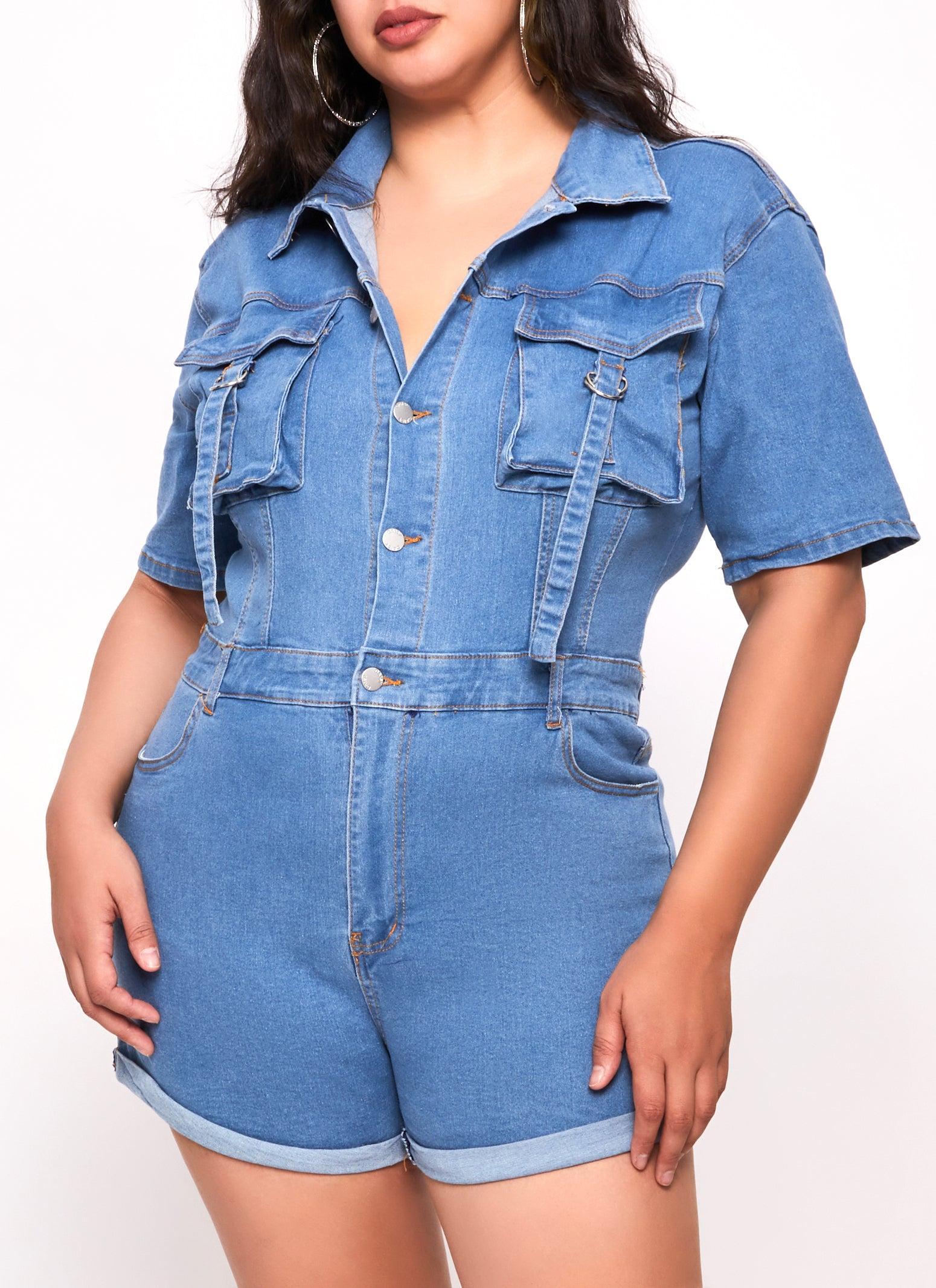 Womens Plus Size Daisy Denim Utility Romper Product Image