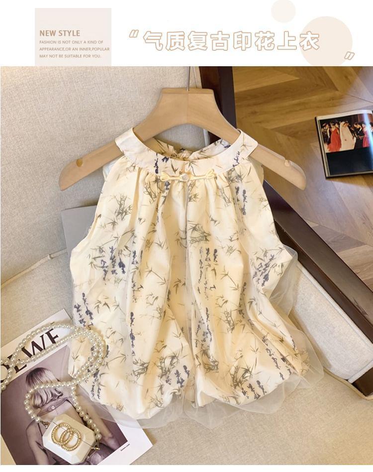 Sleeveless Band Collar Floral Printed Chiffon Blouse Product Image