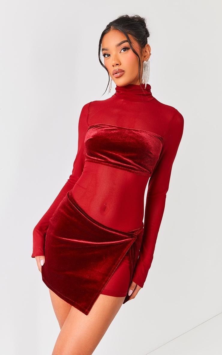 Cherry Red Mesh Velvet Panel Detail Long Sleeve Bodycon Dress Product Image